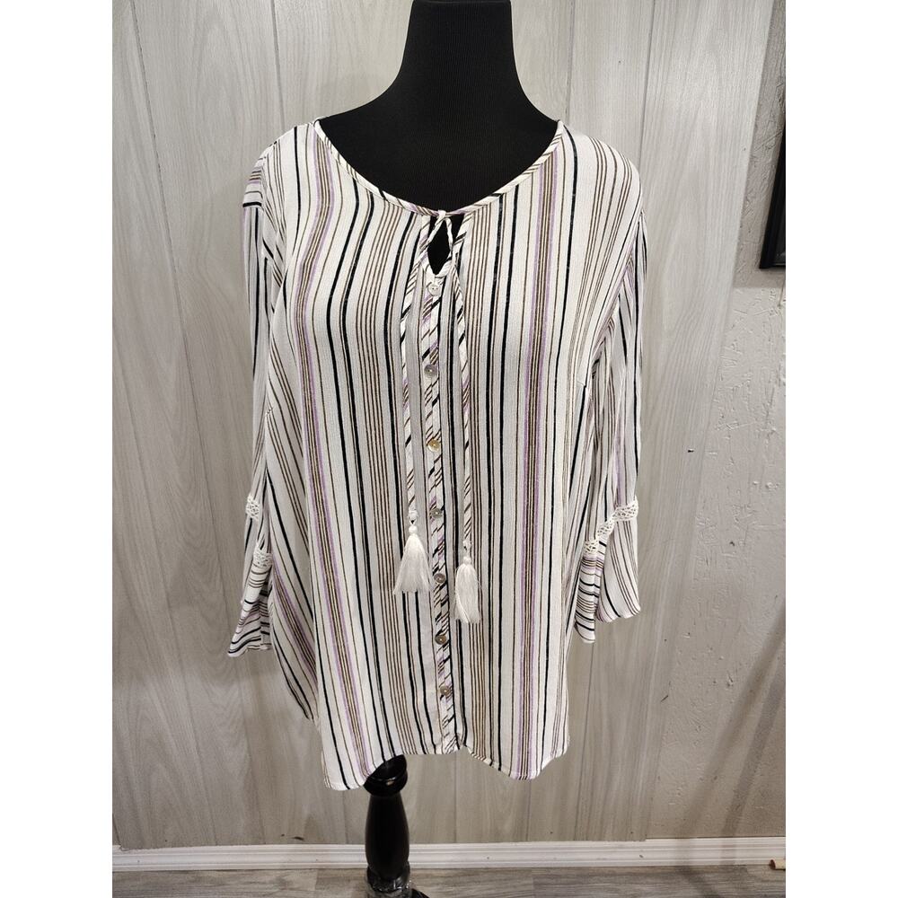 Women's Boho Striped Tassel Bell Sleeve Top Plus Size 2X Office Business Cottage